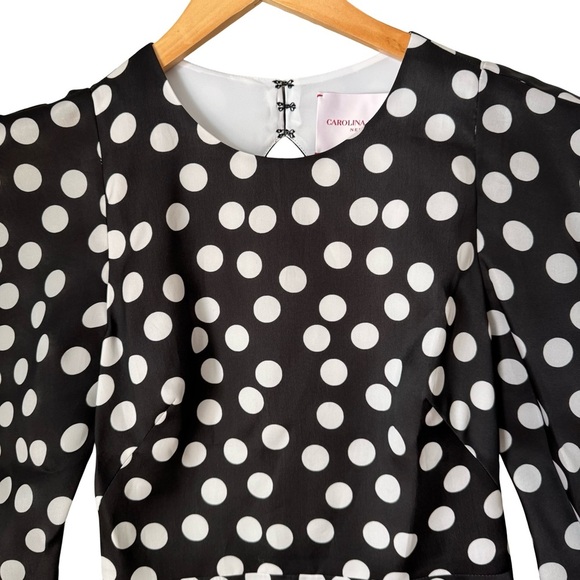 NWT CAROLINA HERRERA Polka Dot Silk Organza Puff Sleeve Dress Black White Size 8 - Picture 14 of 16
